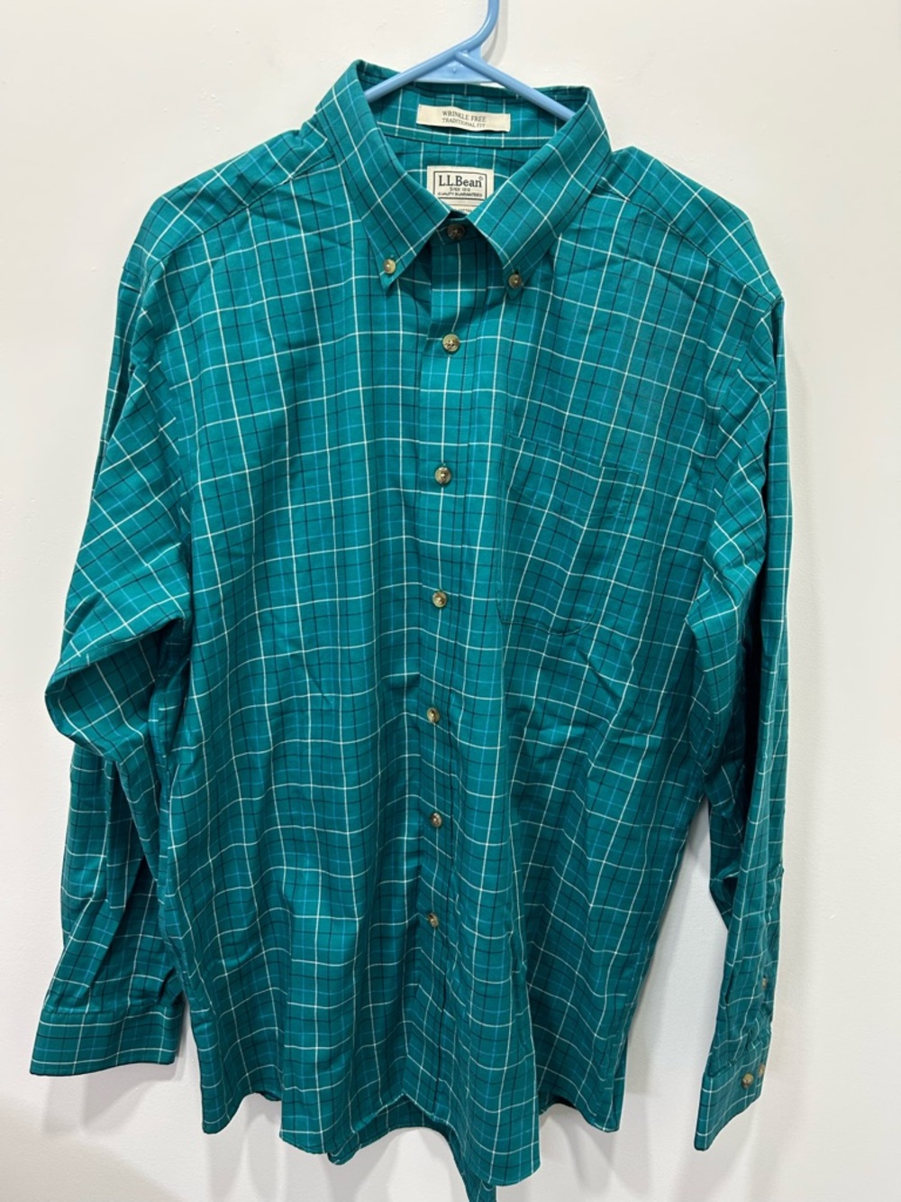 LL Bean Button Down Shirt Wrinkle Free Men’s Large Rg Teal Plaid Traditional Fit